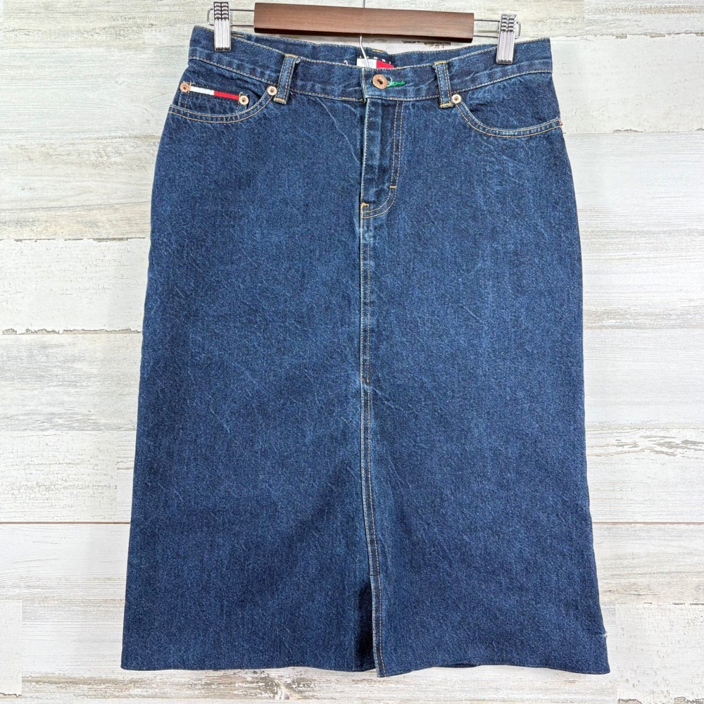 Vintage Tommy‎ Hilfiger Denim Midi Skirt Dark Wash Flag Logo 100% Cotton Size 7